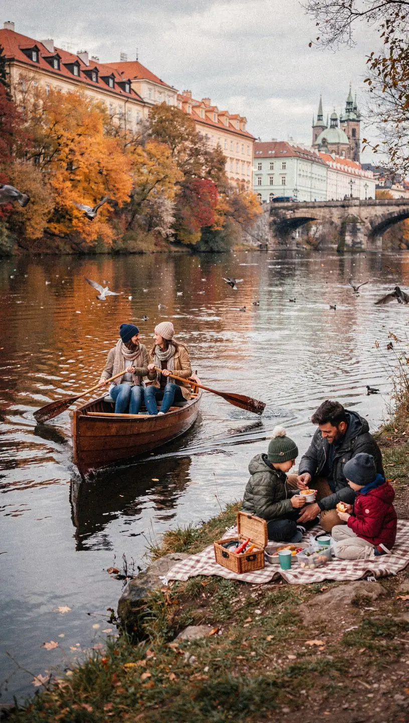Podzimní les s barevnými listy a klidným potokem.