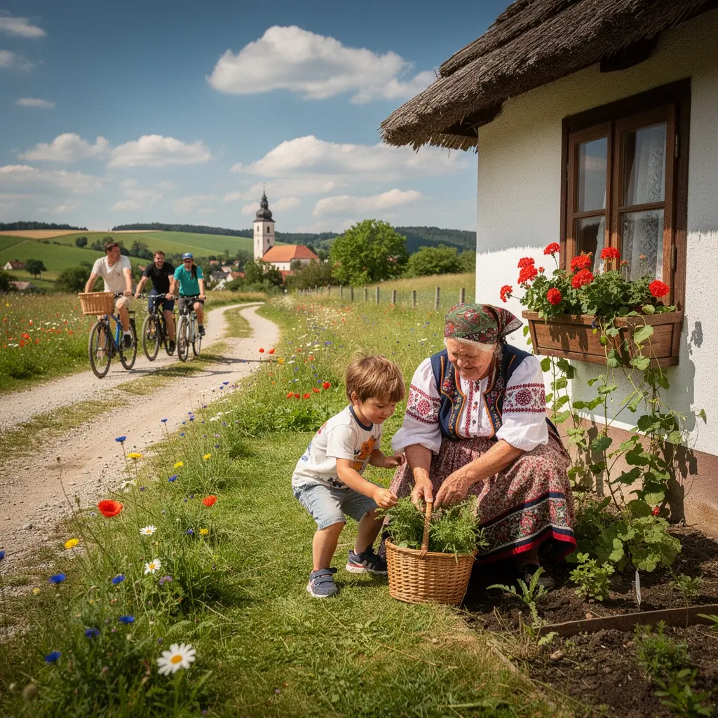 Letní slunce svítí na historické náměstí plné turistů.