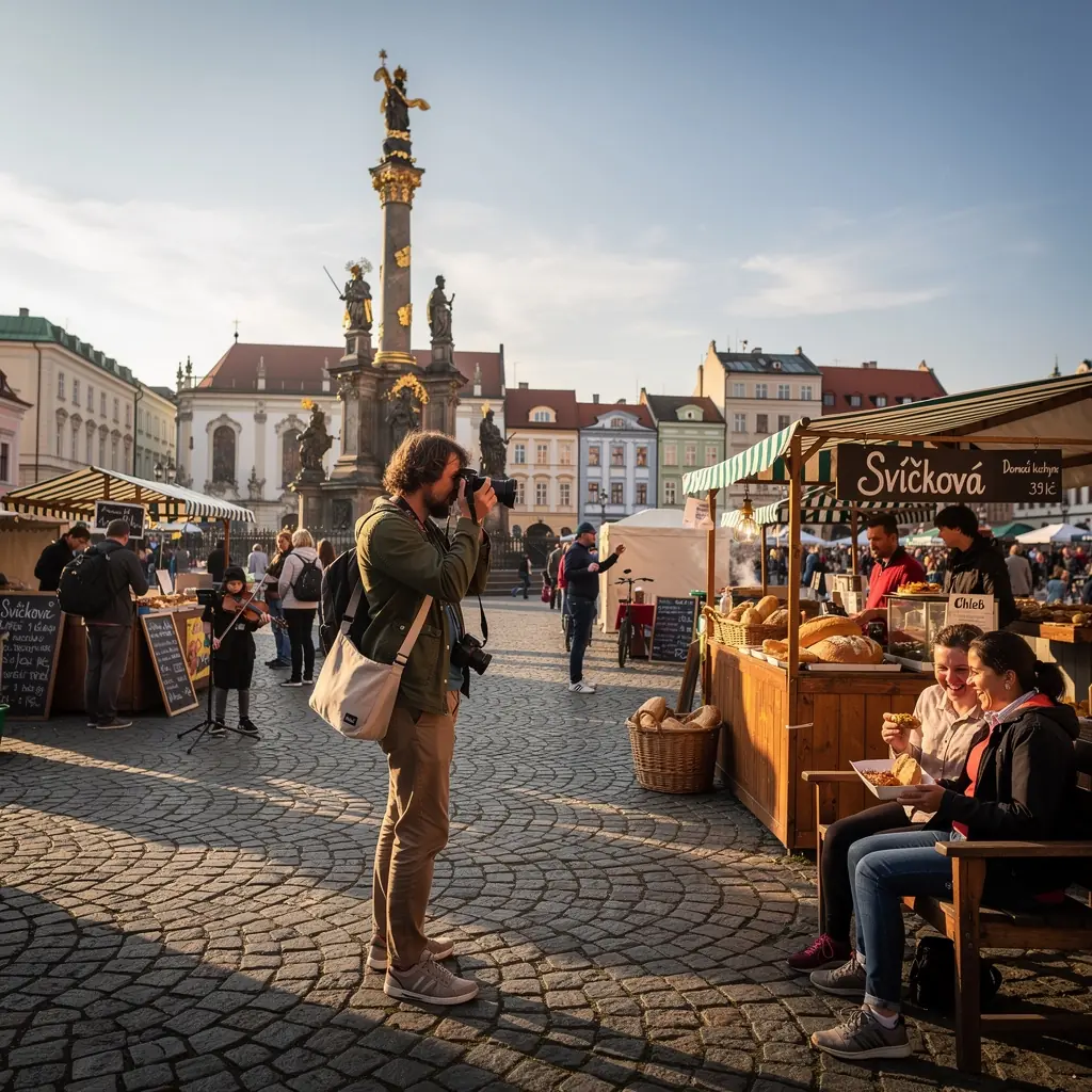Jarní květiny v parku s historickými památkami v pozadí.