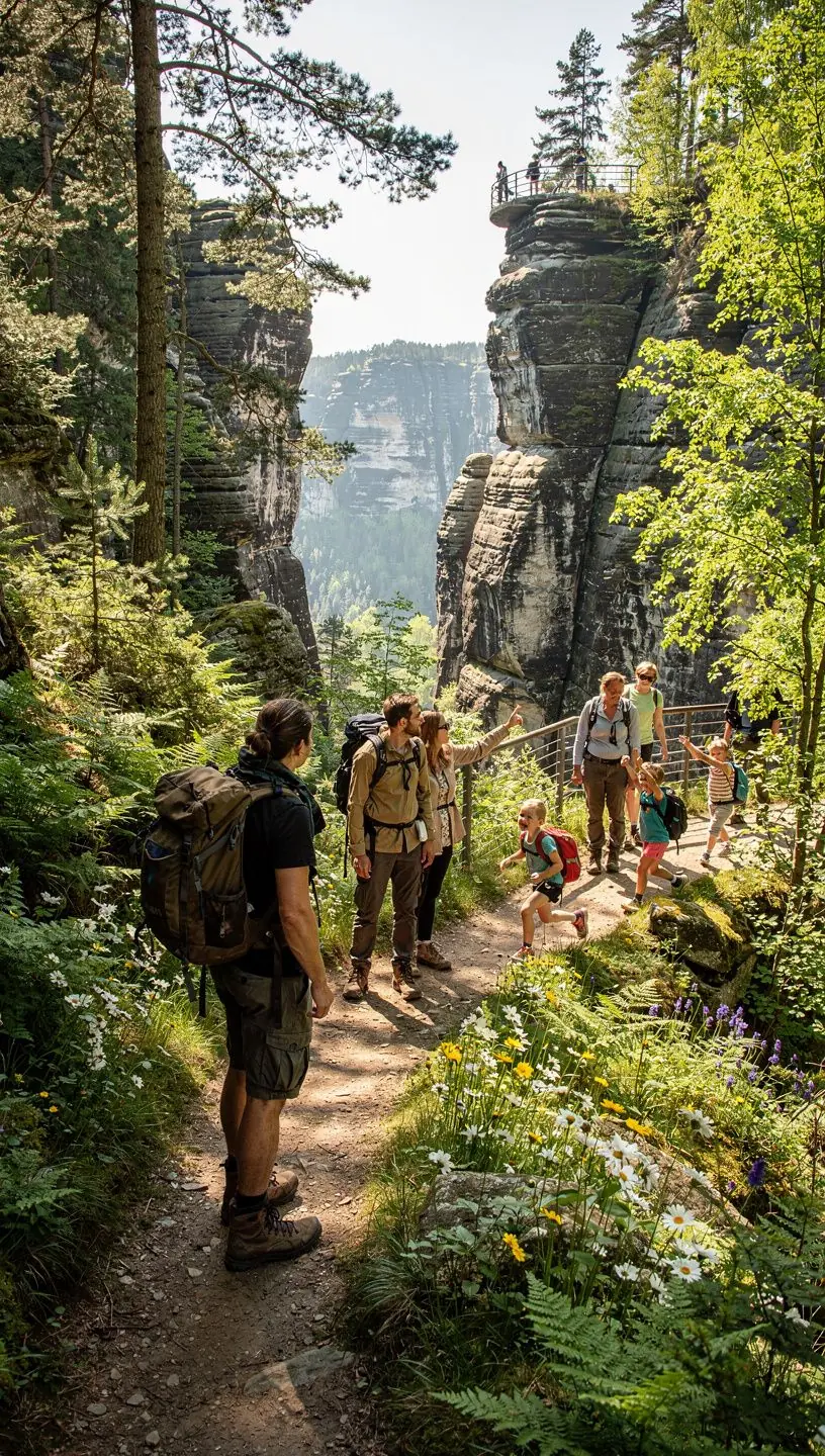 Jarní krajina s rozkvetlými stromy a modrou oblohou.